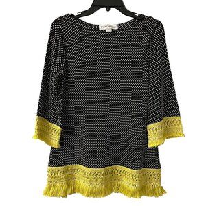 Sara Campbell Polka Dot Top Embroidered Fringed Trim 3/4 Sleeves Size Small